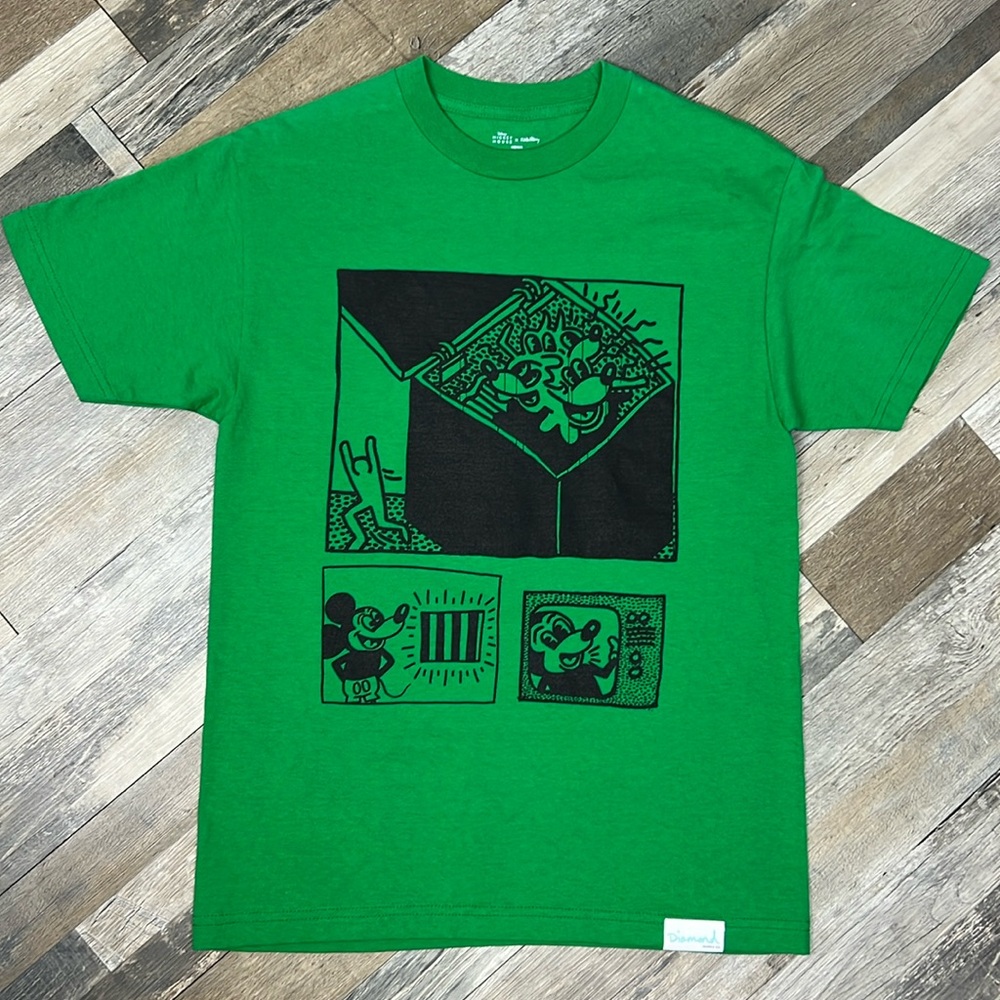 Diamond Supply Co x Keith Haring Mickey Mouse Craziest Adventure Tee green 🆕 M